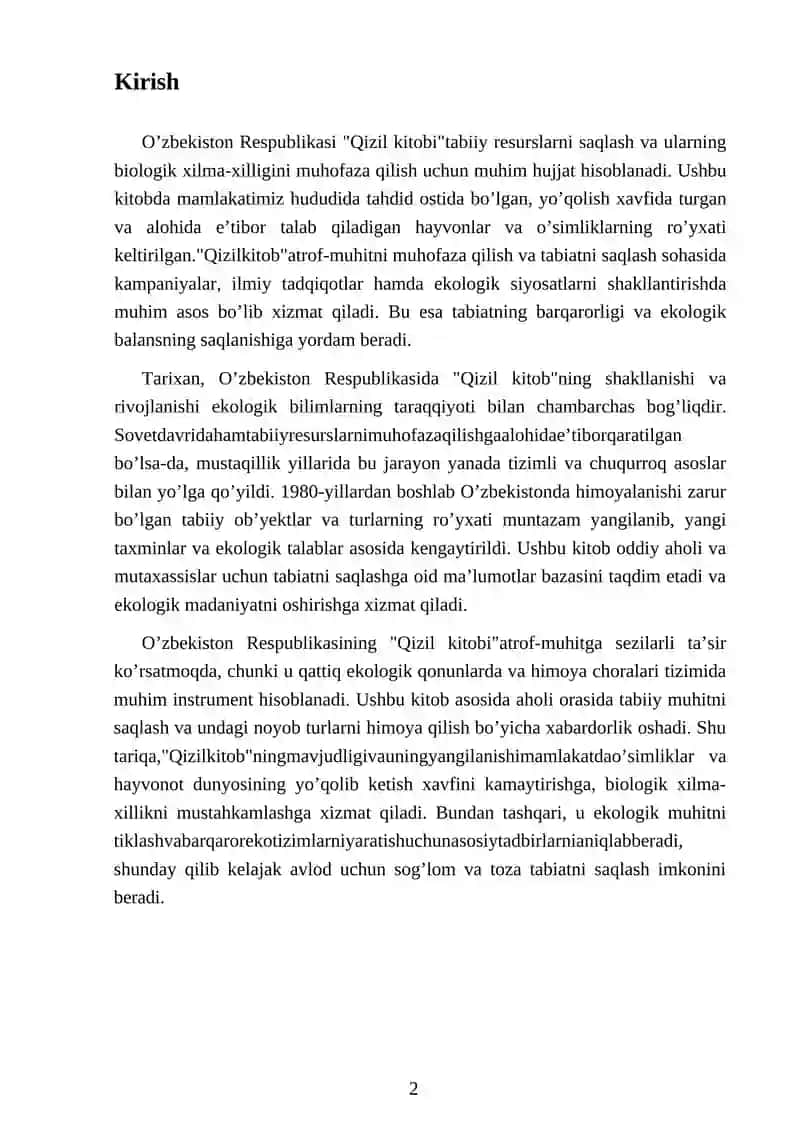 O’zbekiston Respublikasi “Qizil kitobi” va uning atrof-muhitni muhofaza qilishdagi o’rni 3