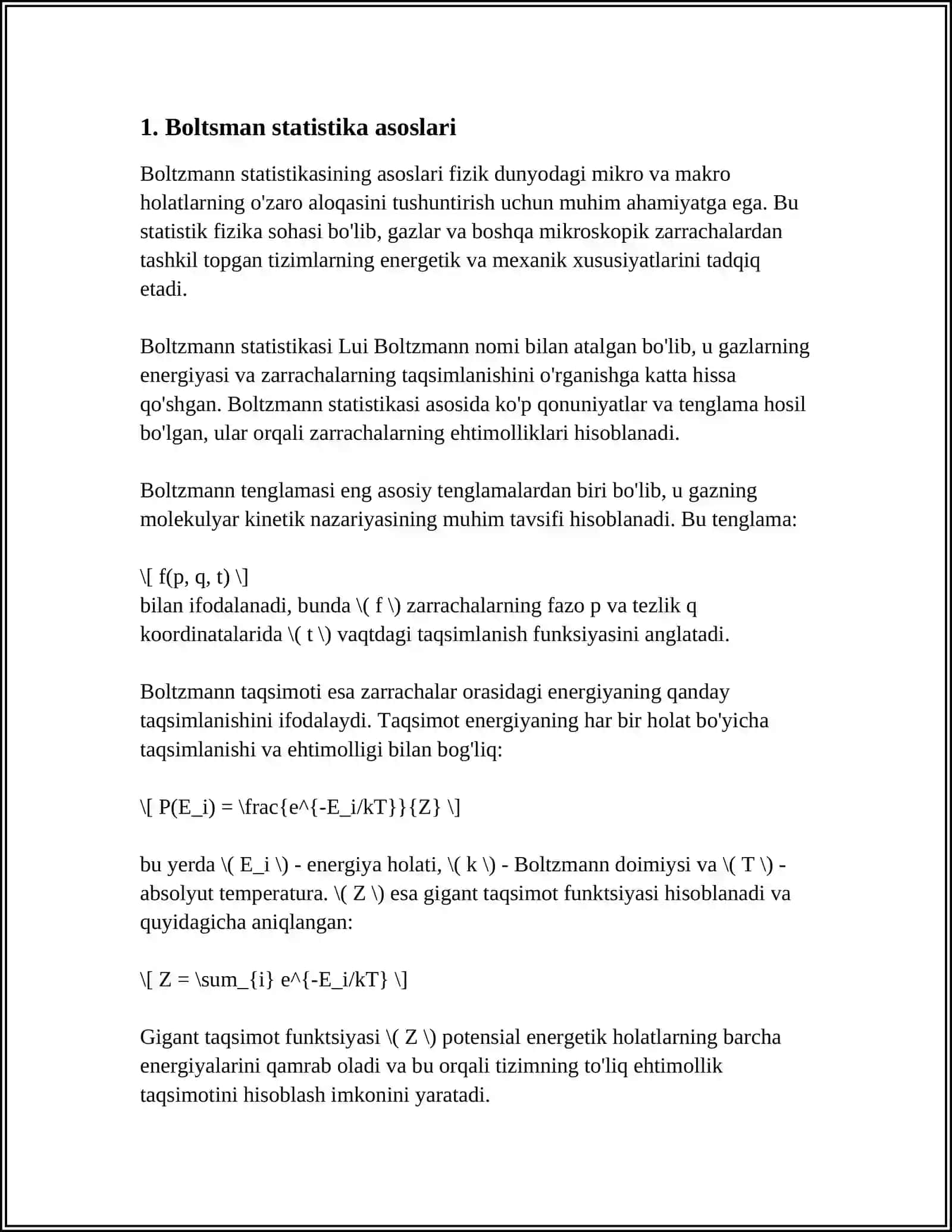 BOLTSMAN TAQSIMOTI. MAKSVELLNING MOLEKULALARNING TEZLIKLARI BO’YICHA TAQSIMOT QONUNI 3