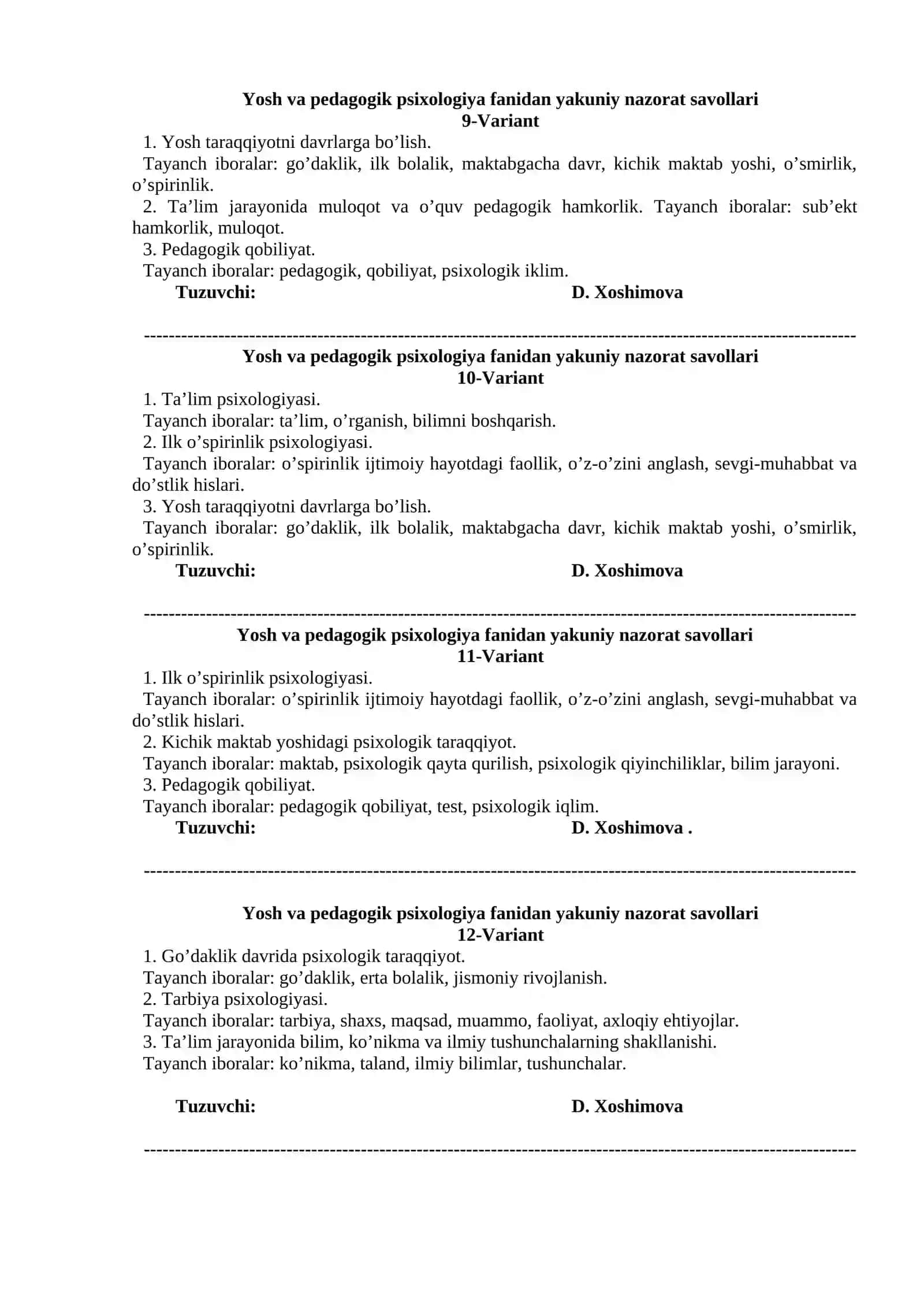 Yosh va pedagogik psixologiya fanidan yakuniy nazorat savollari 1-Variant 3