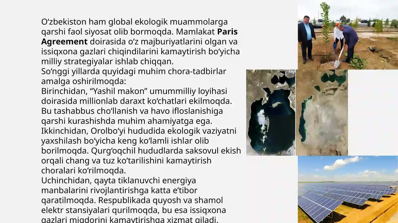 Atrof-muhit o‘zgarishiga qarshi kurashish bo'yicha xalqaro va O'zbekistonda ishlab chiqilgam chora tadbirlar. 3