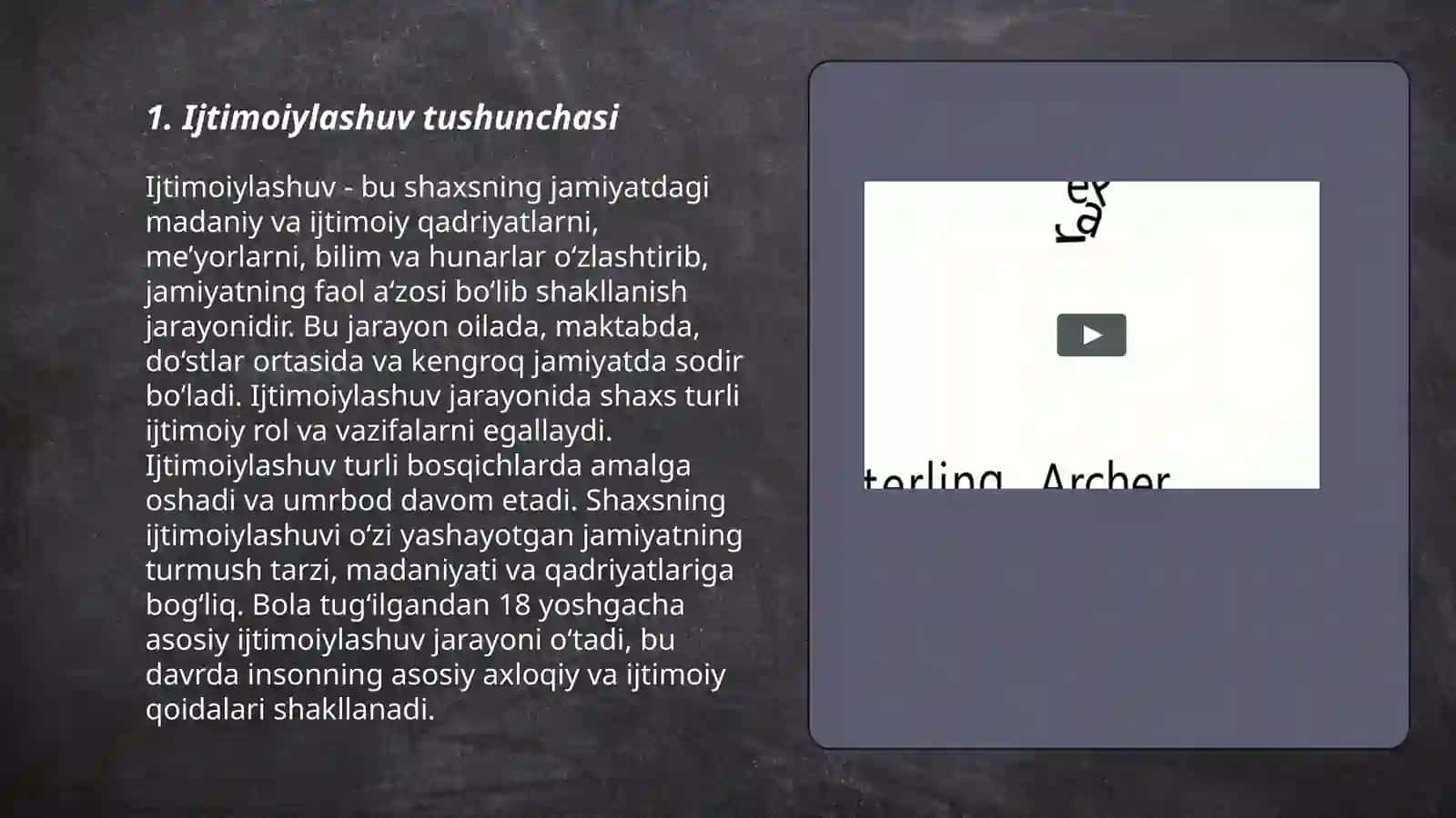 Ijtimoiylashuv tushunchasi jaroyoni vositalari,omillari va mexanizmlari,xulqi og'ishgan bolalar bilan ishlash,bolalar bilan ishlash metodlari,milliy mentalitet,ijtimoiylashuvda muhitning o'rni,hayot me'yorlarini egallay b9shlash davri,ijtimoiylashuv va uning tarixiy rivojlanishi 3