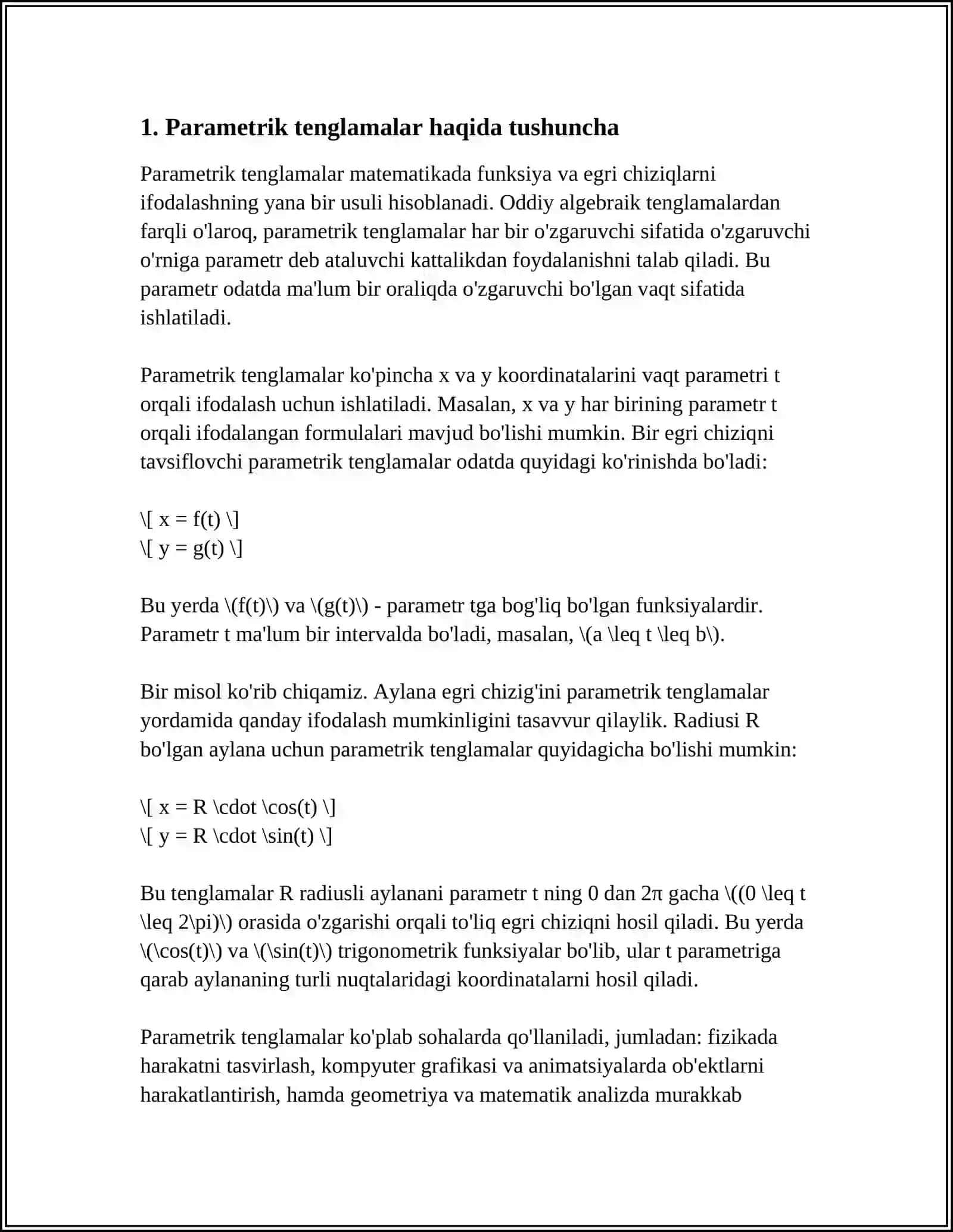 TUZATMANING PARAMETRIK TENGLAMASIN TUZISH. VAZN FUNKCIYASI 3