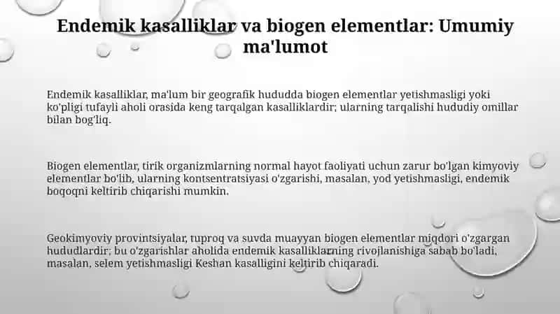 Biogen elementlar konsentratsiyasi o’zgarishi bilan bog’liq bo’lgan endemik va kasb kasalliklari 3