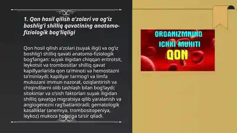Qon hosil qilish a'zolari bilan ogʻiz boshligʻi shilliq qavatini bogʻliqligi 3