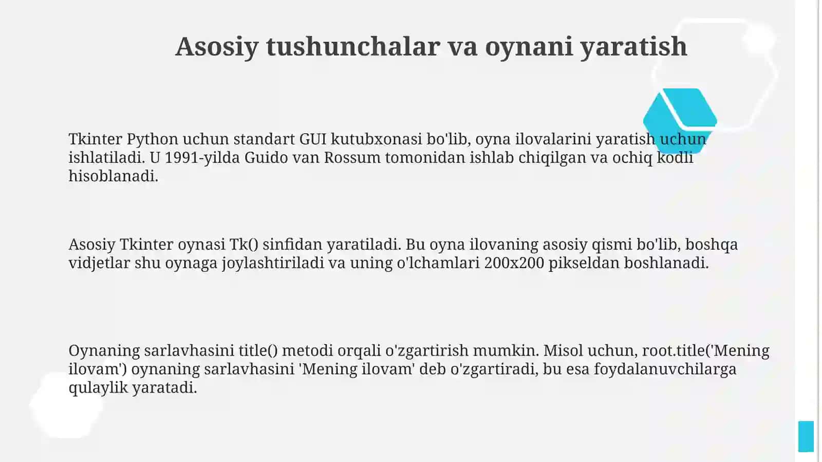 Tkinter kutubxonasi Oyna ilovalarini ishlabchiqishasoslari 3