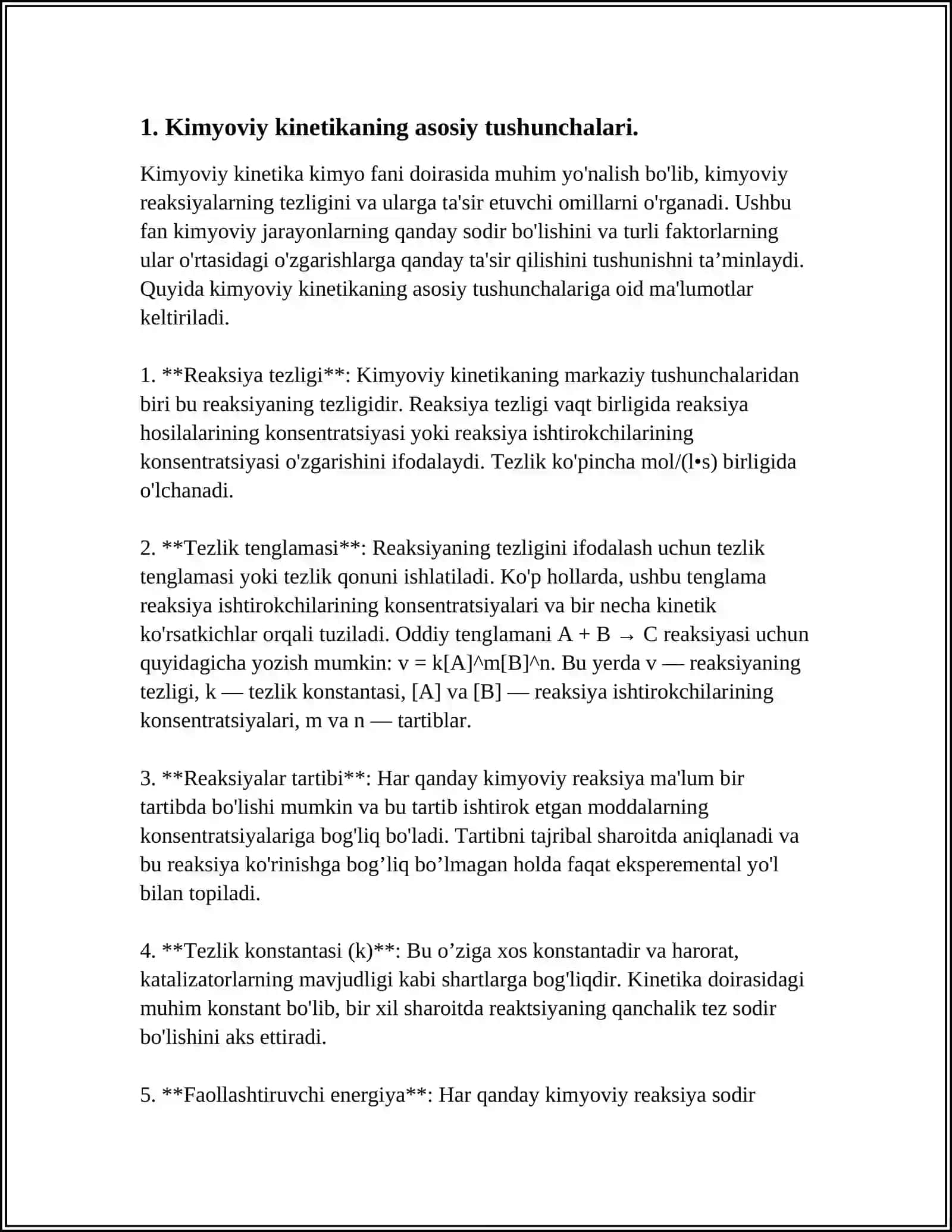 MUAMMOLI VAZIYATLARDA TAHLIL QILISH BO'YICHA KEYS:KIMYOVIY KINETIKANING KIMYOVIY TEXNOLOGIYADAGI AHAMIYATI 3