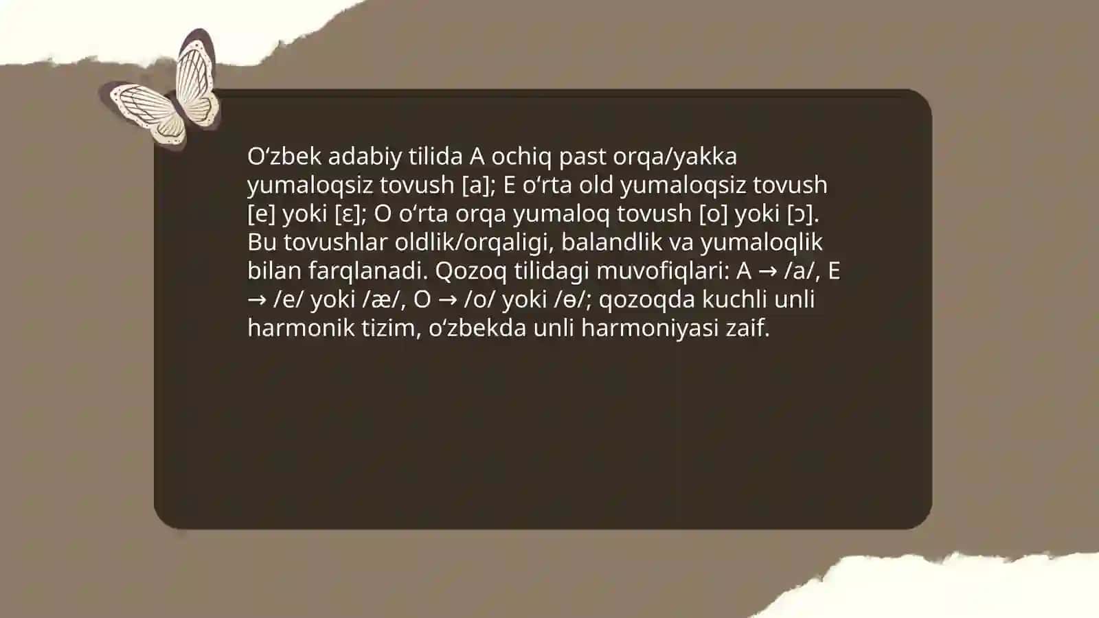 Oʻzbek adabiy tilida O |E |A tovushi va grafemasining qozoq, qoraqalpoq, qirgʻiz, uygʻur adabiy tillarida muvofiqlari 3