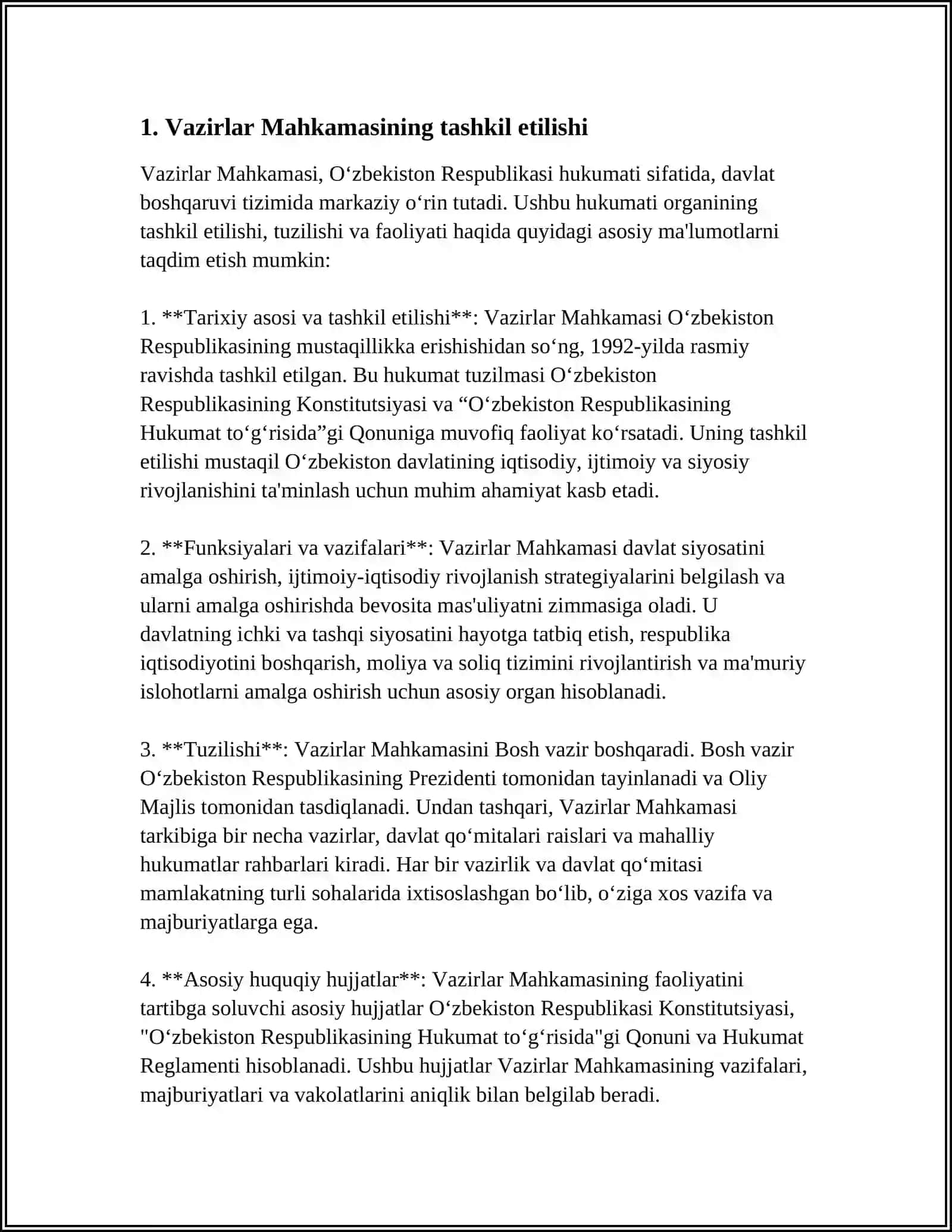 O'ZBEKISTON RESPUBLIKASI HUKUMATINI TASHKIL ETISH TARTIBI, UNING TARKIBI VA FAOLIYATINI AMALGA OSHIRISH TARTIBI 3
