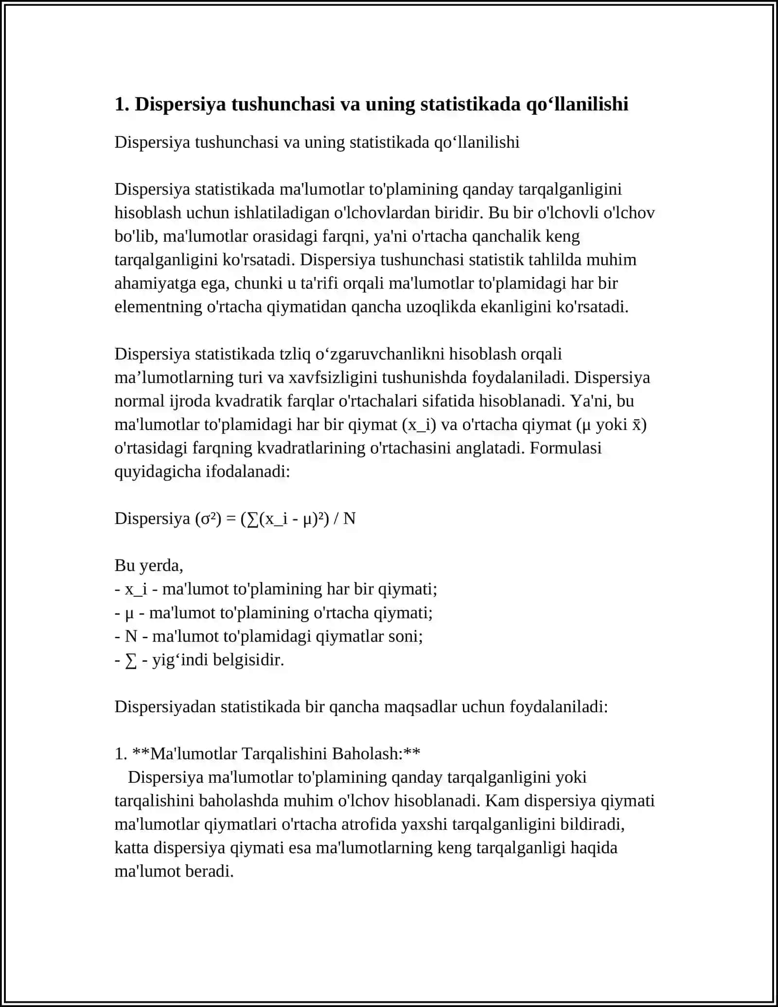 DISPERSIYA BAHOSINING XOSSALARI, TANLANMANING TOGʻIRLANGAN DISPERSIYASI.STATISTIK BAHOLAR QURISH USLUBLARI 3