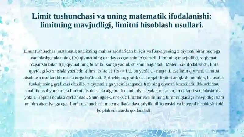 Ketma ketlik va uning limiti. Limitlar haqidagi asosiy teoremalar. Birinchi va ikkinchi ajoyib limitlar. 3