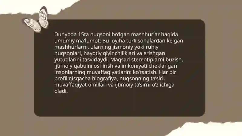 Dunyoda 15ta nuqsoni bo'lgan mashhurlar rasmlari bilan ma'lumot bering 3