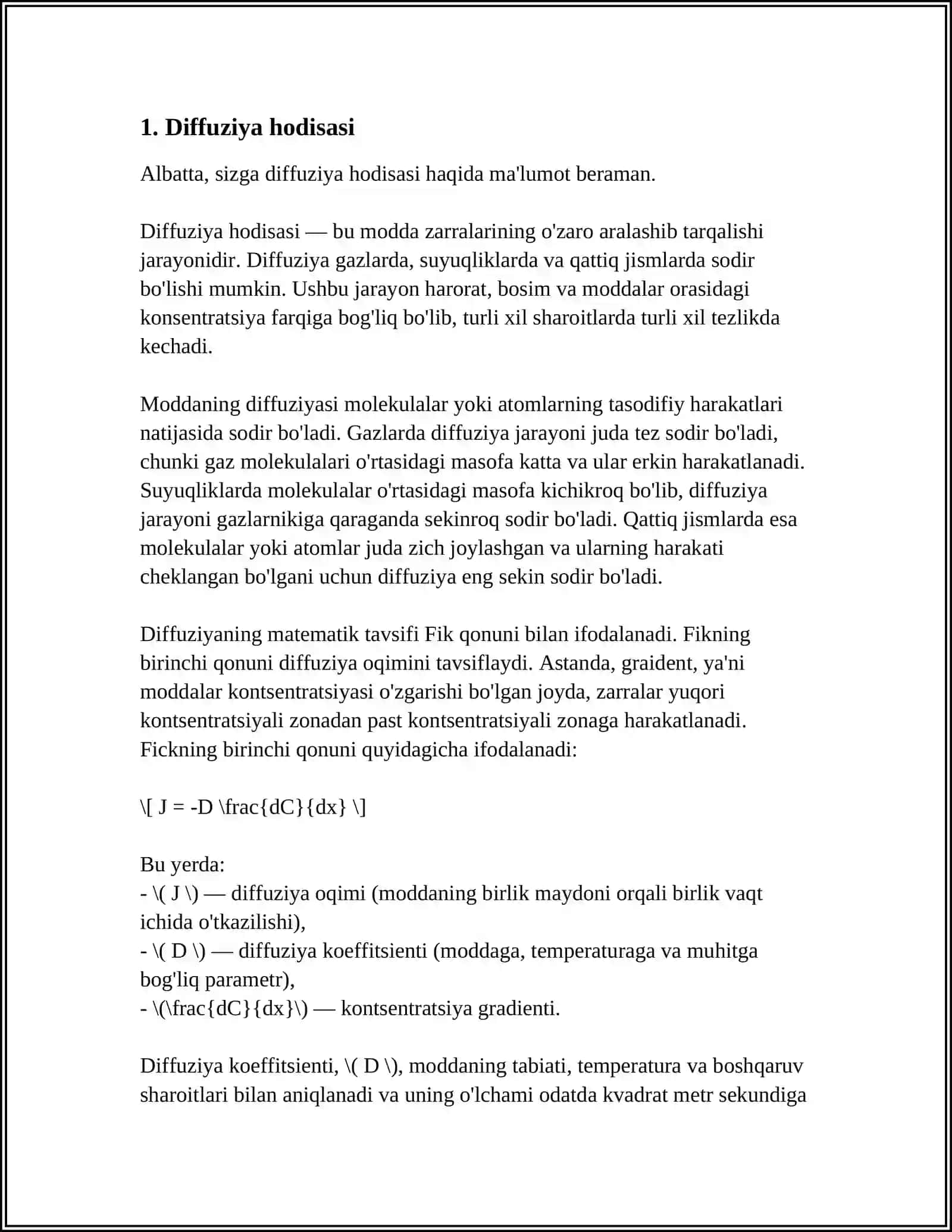 KO'CHISH HODISALARI. DIFFUZIYA, ISSIQLIK O'TKAZUVCHANLIK VA QOVUSHQOQLIK 3