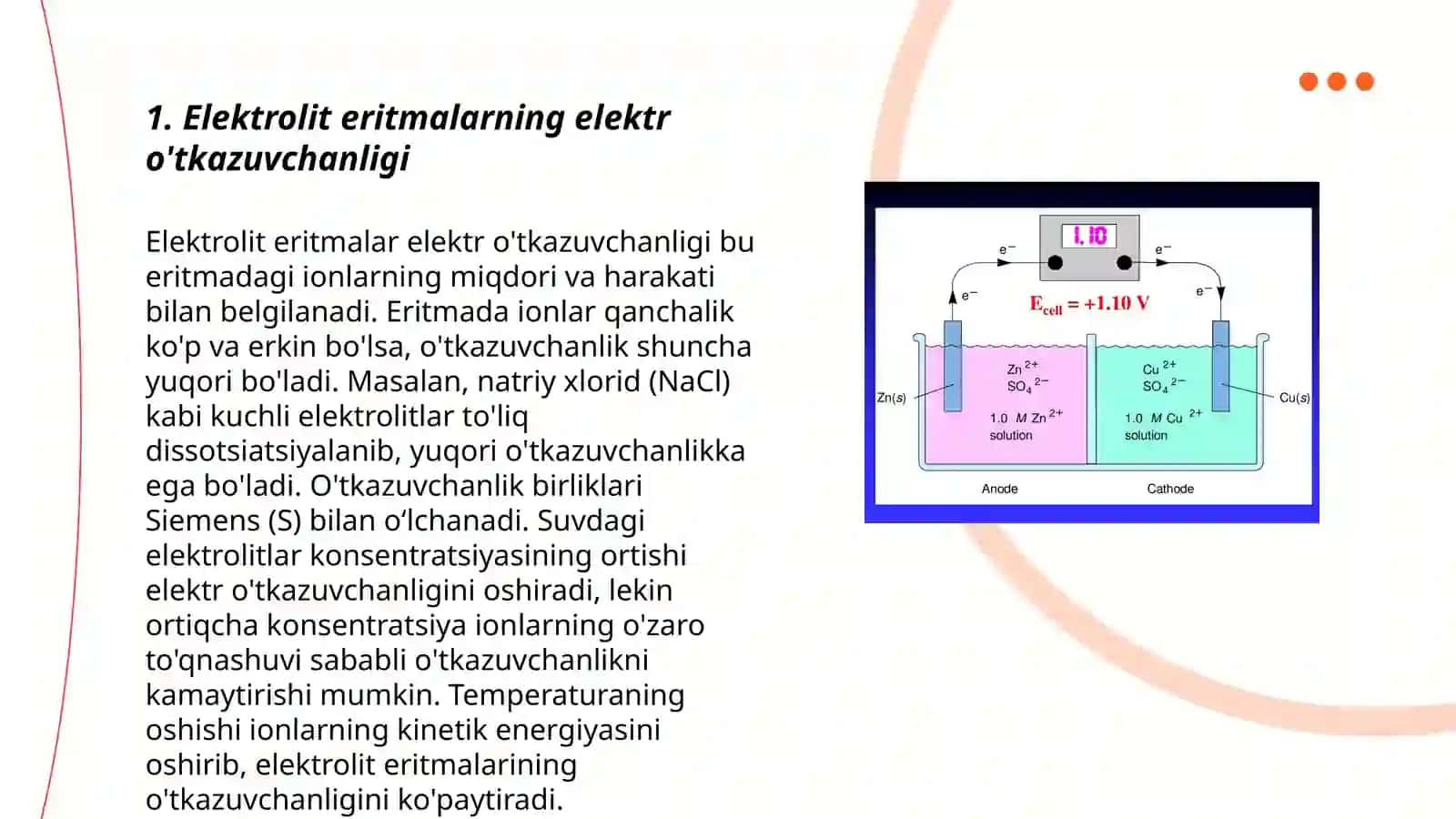 Elektrolit eritmalarining elektrutkazuvchanligi.Elektrodlardagi jarayonlar.Potensiallar hosil boʼlishi. Elektrokimyoviy davolash va diagnostika usullari 3