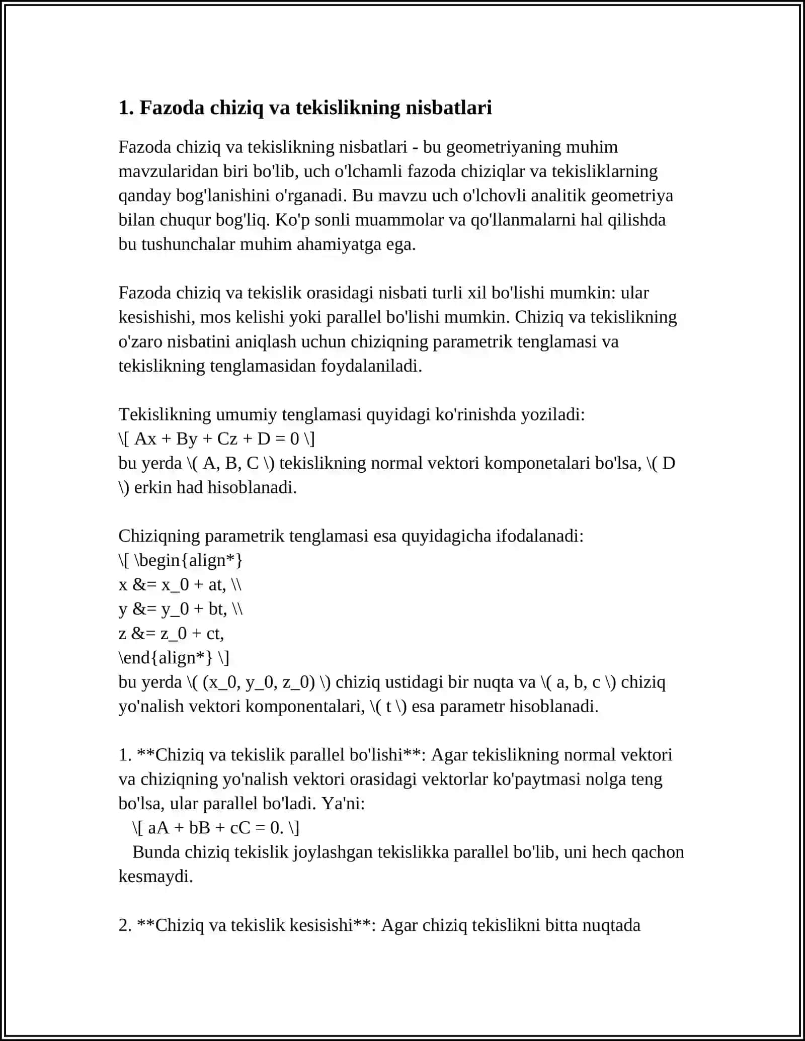Fazoda chiziq va tekislikning nisbatlari 3