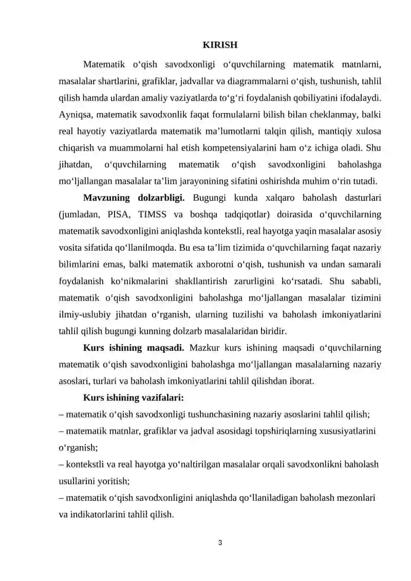 O’quvchilarning matematik o’qish savodxonligini baholashga mo’ljallangan masalalar 3