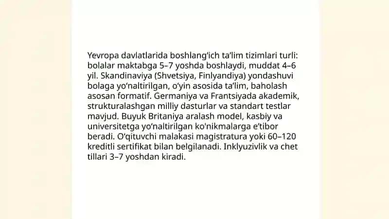 Yevropa mamlakatlarida ta'lim tarbiya masalalarining olib borilishi va qiyosiy tahlil 3