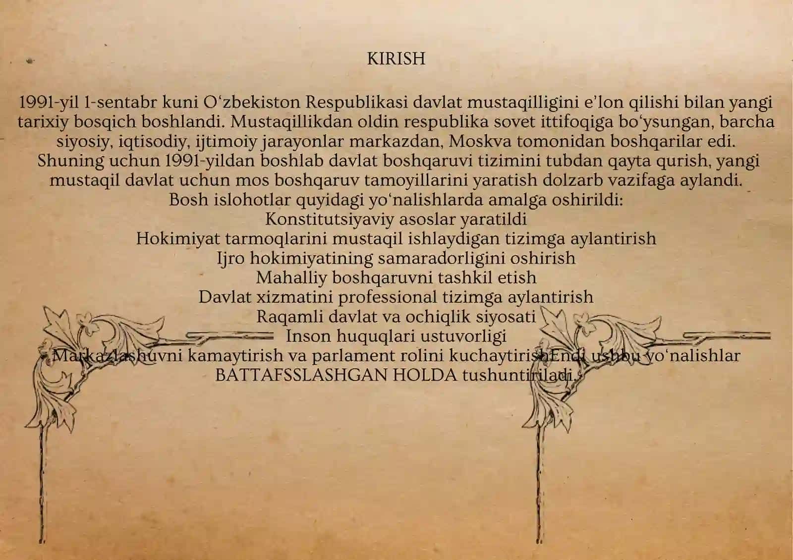 MUSTAQILLIK YILLARIDA O‘ZBEKISTON DAVLAT BOSHQARUVI TIZIMIDA AMALGA OSHIRILGAN ISLOHOTLAR 3