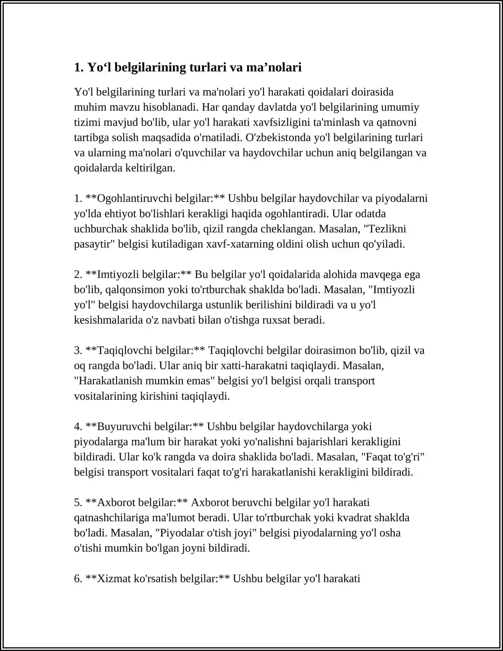 YOʻL HARAKATI QOIDALARI BOʻYICHA MUSTAQIL ISH 3