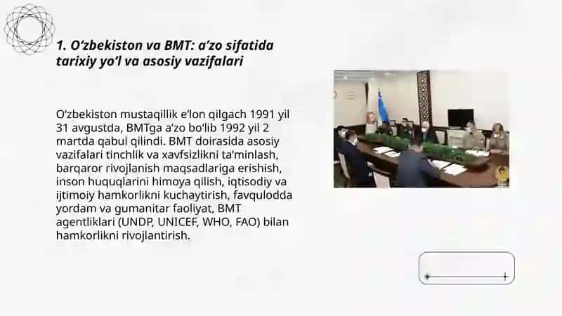 O'zbekiston Respublikasining BMT, YEXHT, MDH, SHHT kabi xalqaro tashkilotlar bilan aloqalari 3