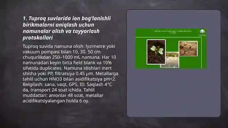 Tuproq suvining ifloslanishida ion bogʻlanishli birikmalarni aniqlash 3