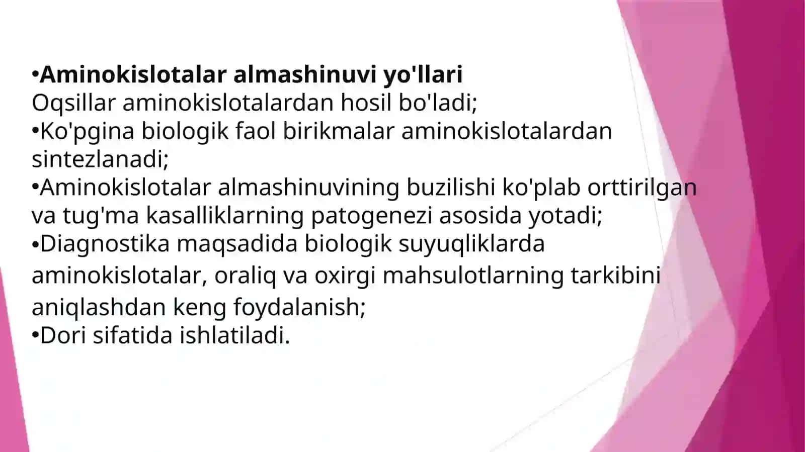 Aminokislotalar almashinuvining umumiy yo'llari Aminotransferazalar. Aminokislotalarda dekarboksillanishi 3