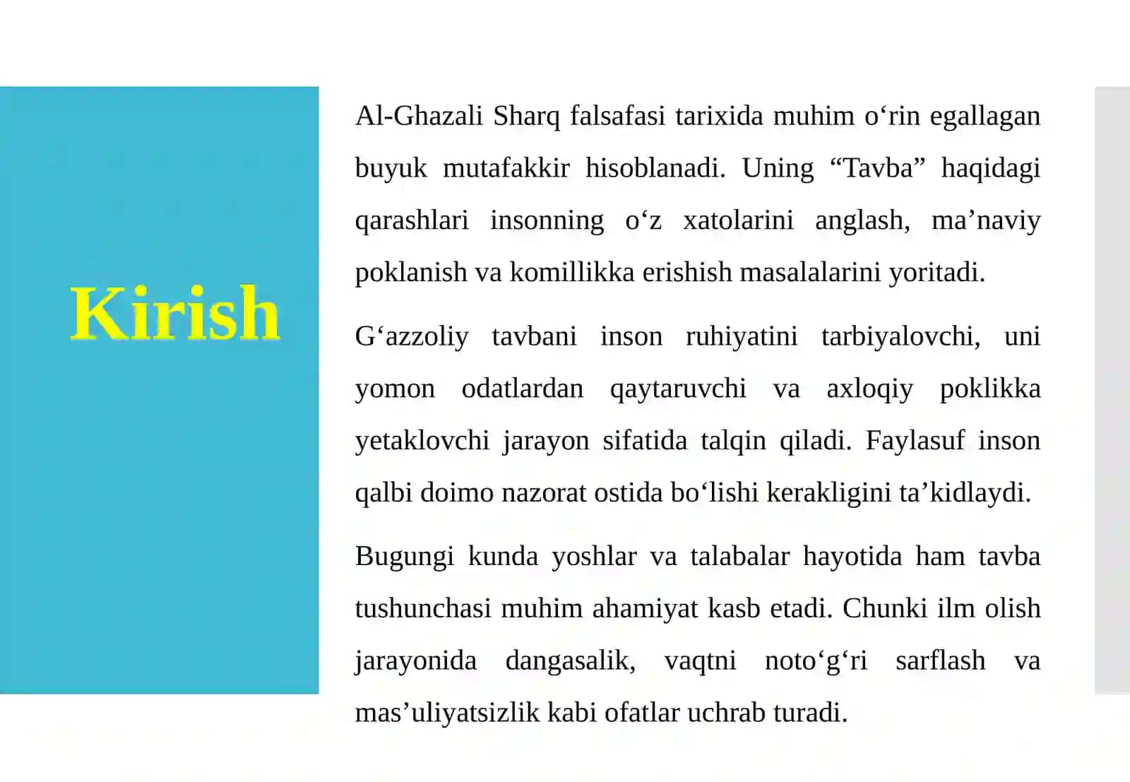 G‘azzoliyning “Tavba” asarini tahlil etish va talabalarning o‘z faoliyatida mavjud ofatlarini aniqlash 3