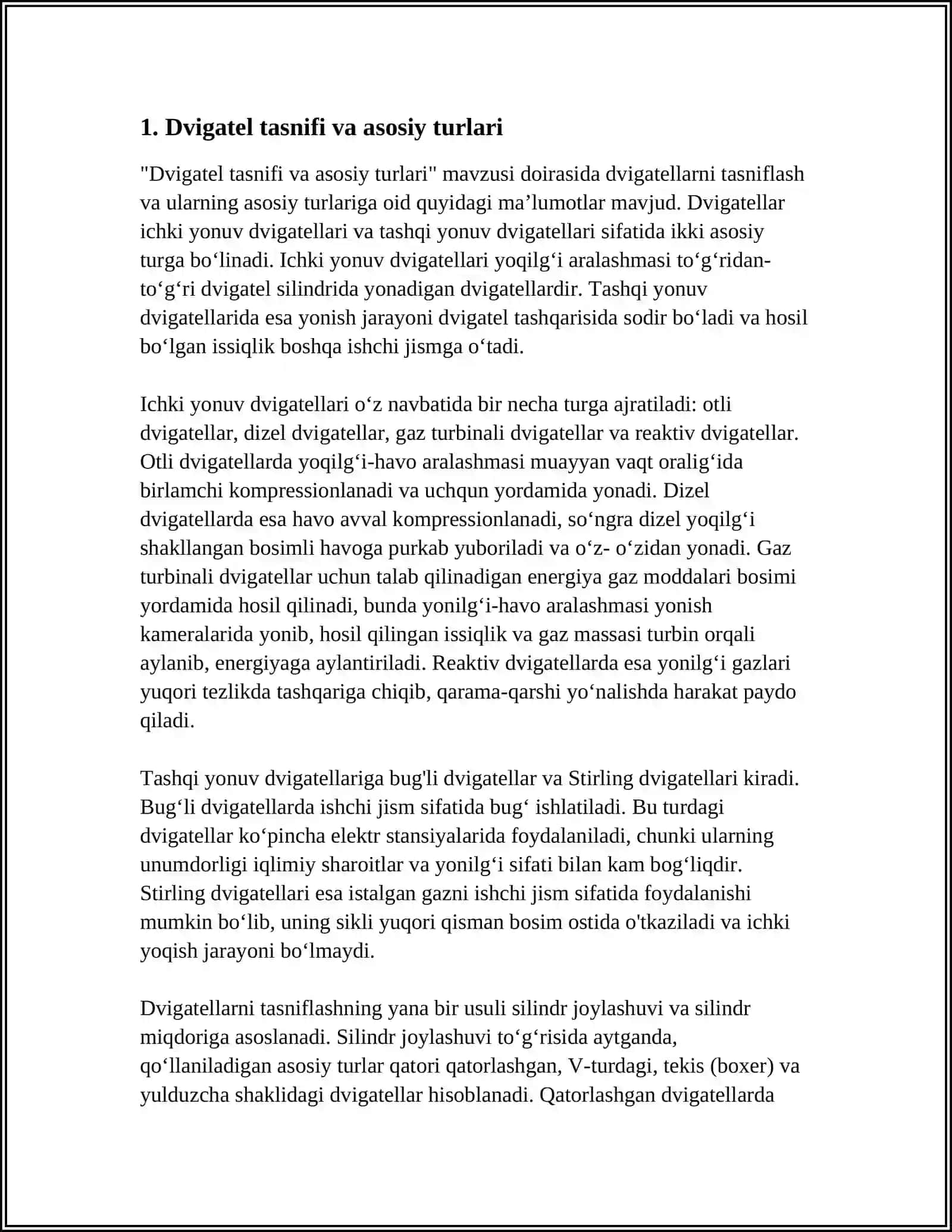 DVIGATELNING UMUMIY TUZILISHI VA ASOSIY KO‘RSATKICHLARI 3