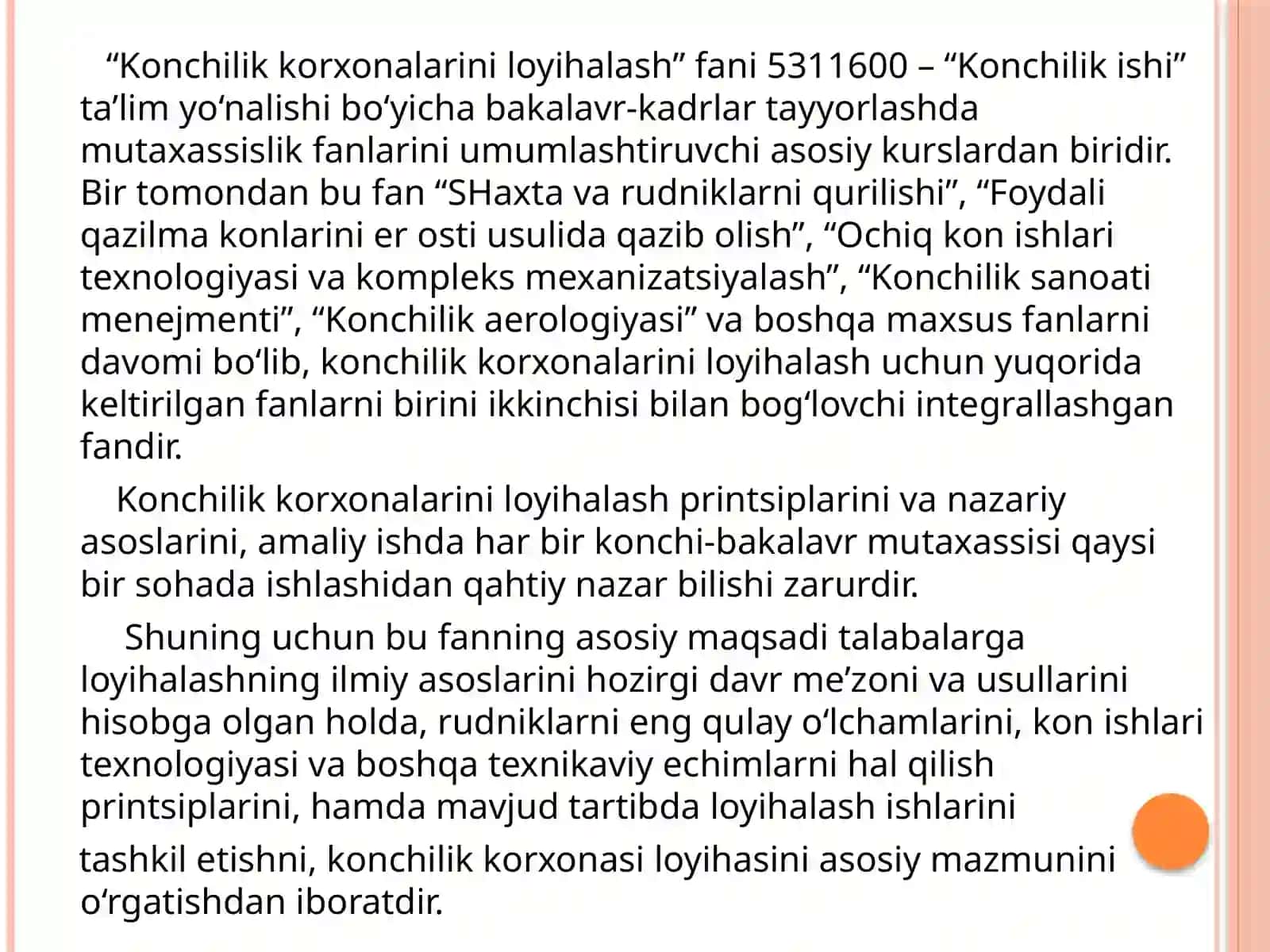 Konchilik korxonalarini loyihalash fanining 3