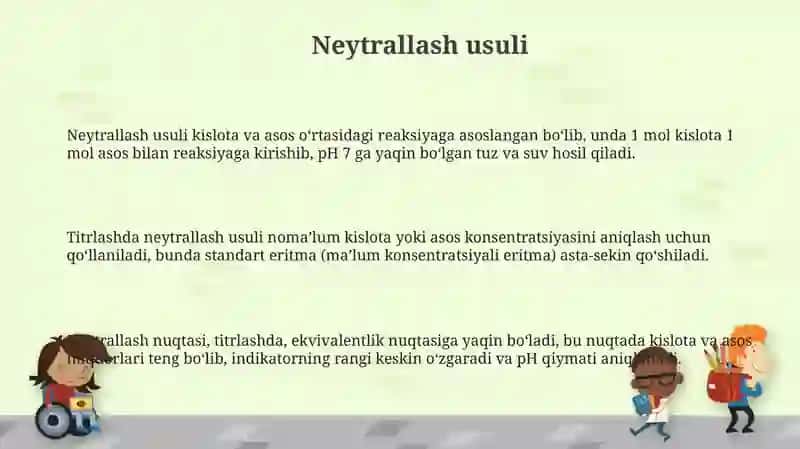 Neytrallash metodi. İndikatorlar nazariyasi. Titrlashdagi asidometrik va alkalimetrik usullar 3