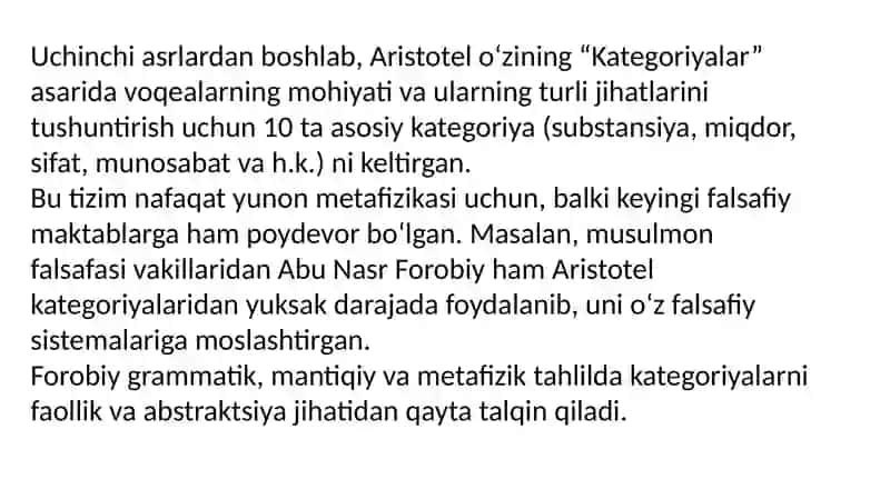 Aristotel, Forobiy va Kant ontologiyasida kategoriyalar tasnifini qiѐsiy tahlil etish va farqlarini aniqlash 3