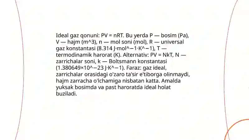 Ideal gaz qonuni va uning holat tenglamasi (PV = nRT) 3