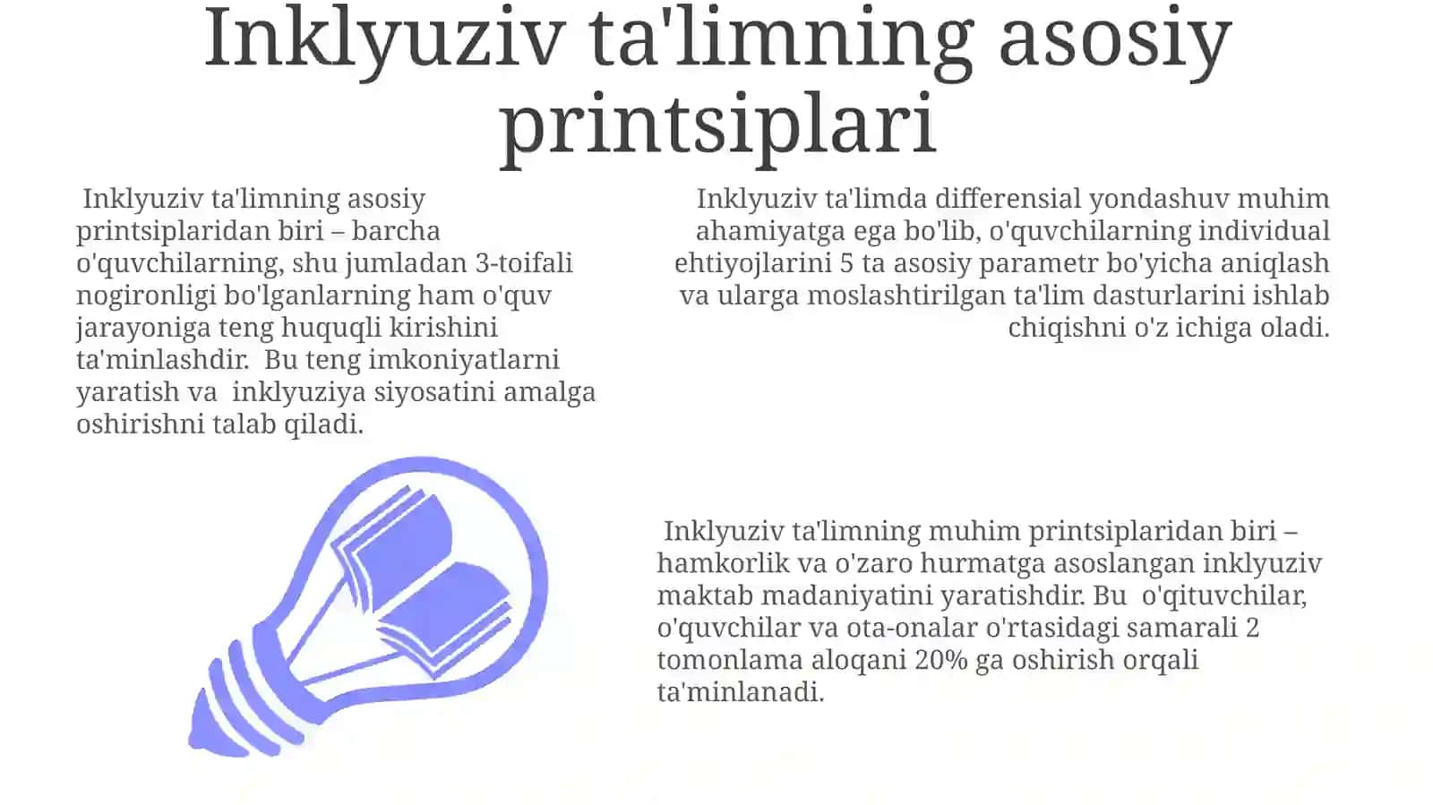 Inklyuziv ta'limning prinsiplari va unga bo'lgan ehtiyojlar va uning sabablari bosqichlari 3