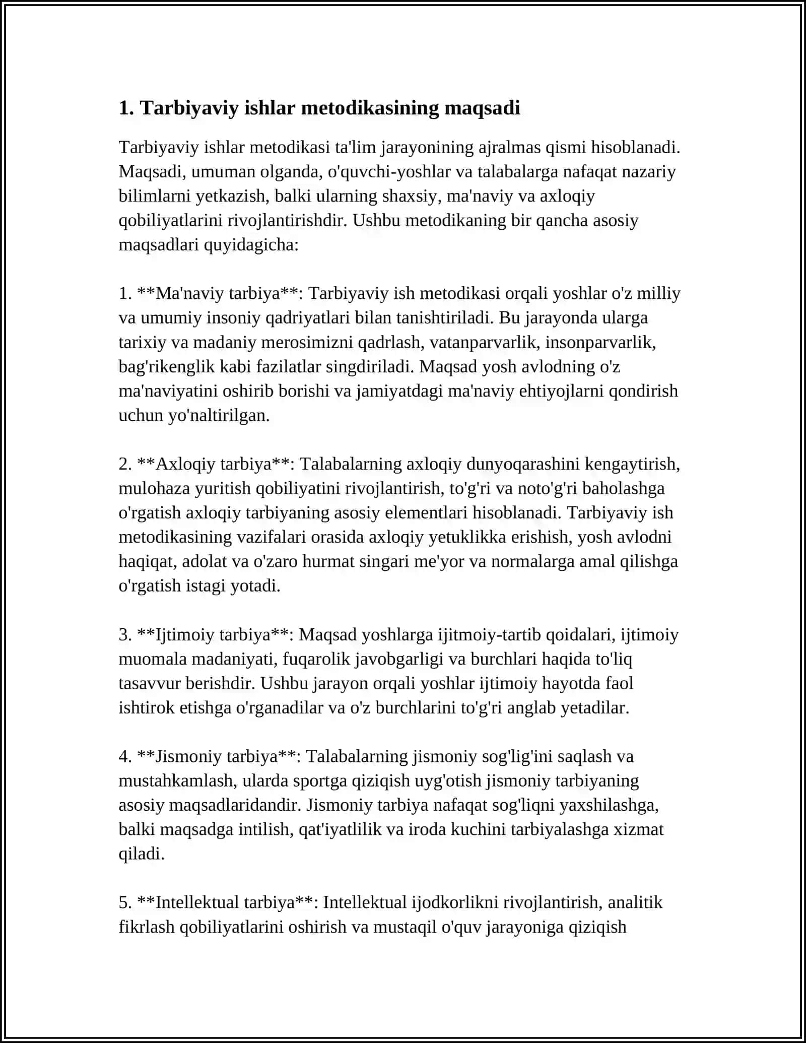 "TARBIYAVIY ISHLAR METODIKASI" FANINING MAQSADI VA VAZIFALARI, UNING TARBIYA JARAYONIDA TUTGAN OʻRNI 3
