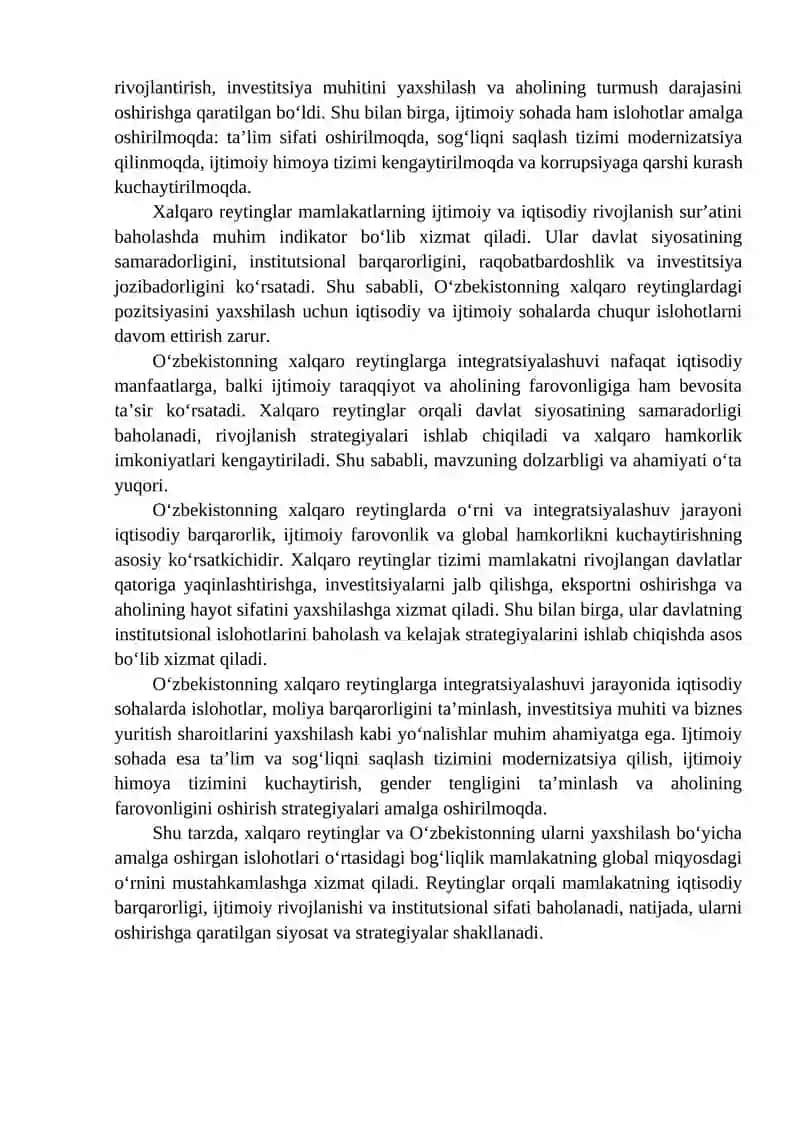 Iqtisodiy va ijtimoiy sohadagi ustuvor xalqaro reytinglar va ularga O‘zbekistonning integratsiyalashuvi 3