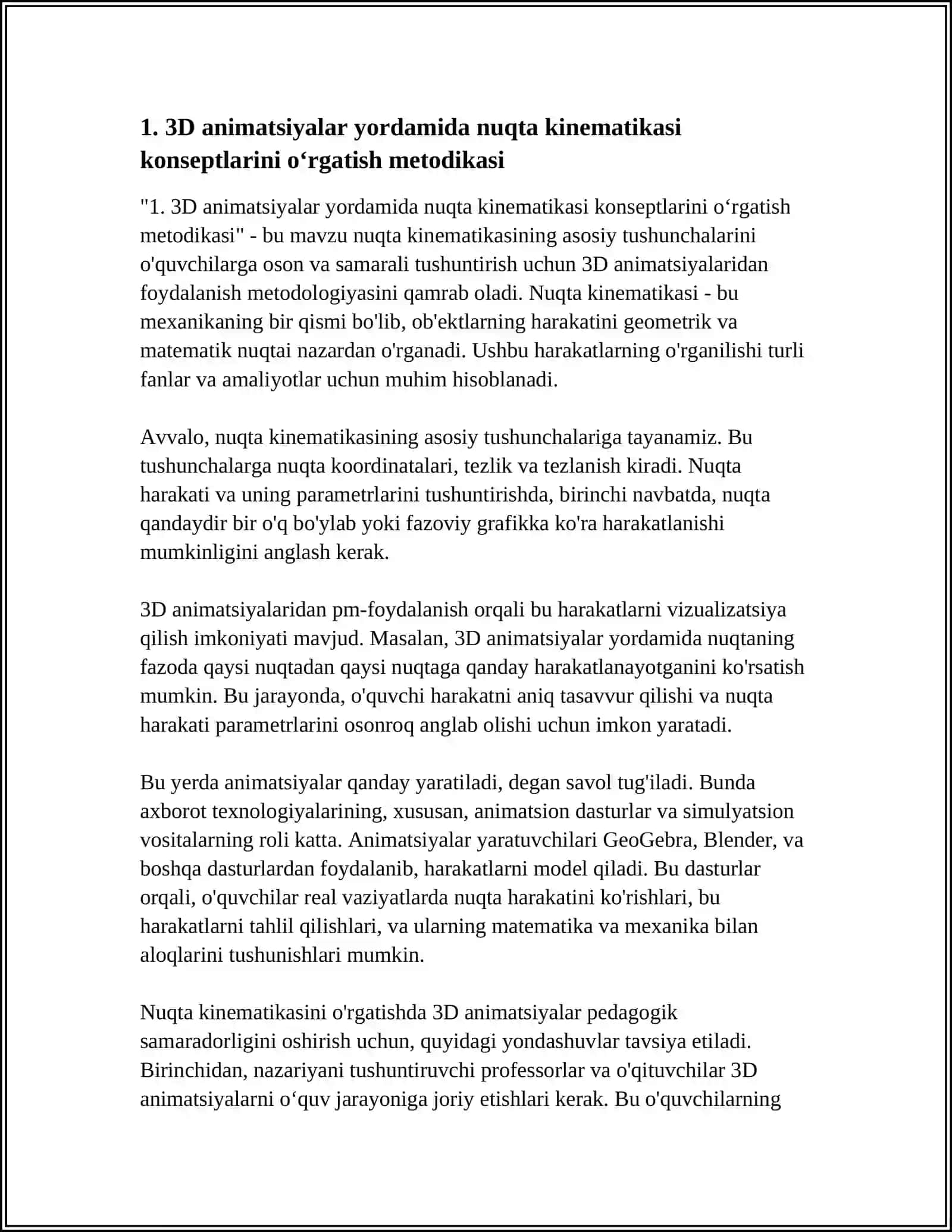 NUQTA VA QATTIQ JISM KINEMATIKASINI OʻRGATISHDA 3D ANIMATSIYALARNING PEDAGOGIK SAMARADORLIGI 3