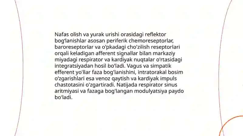 Nafas olish tizimi faolyati va yurak urishi chastatasi ortasidagi funksianal bog'liqlikni fiziolagik mehanizimlari qanday ochib beradi 3