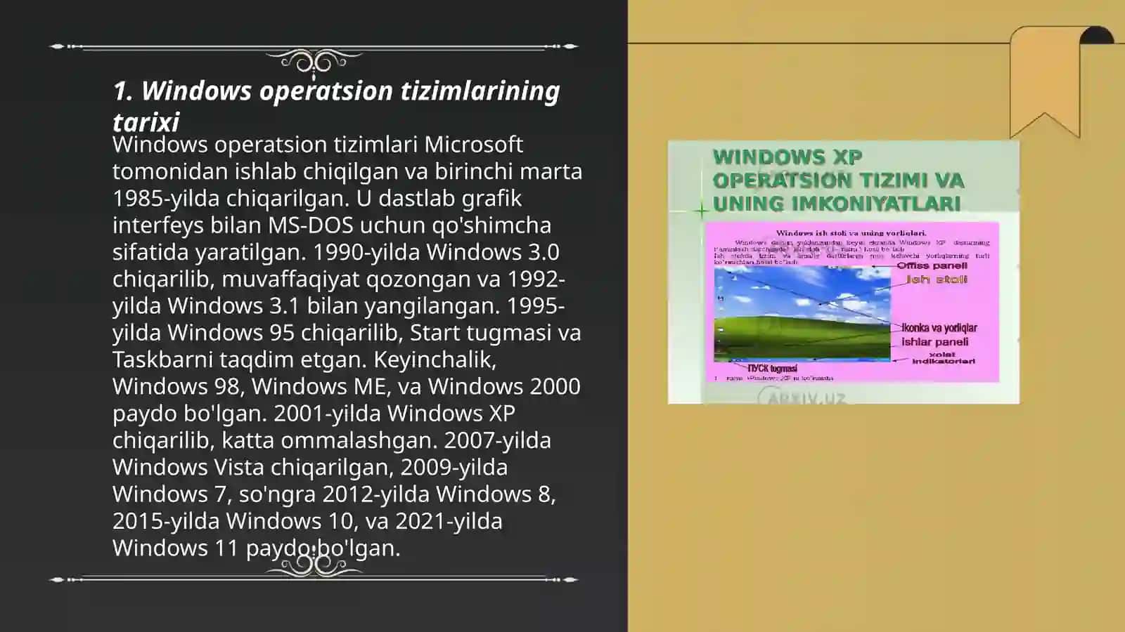 Windows operatsion tizimlar va ularning turlari mavzusiga slayd 3