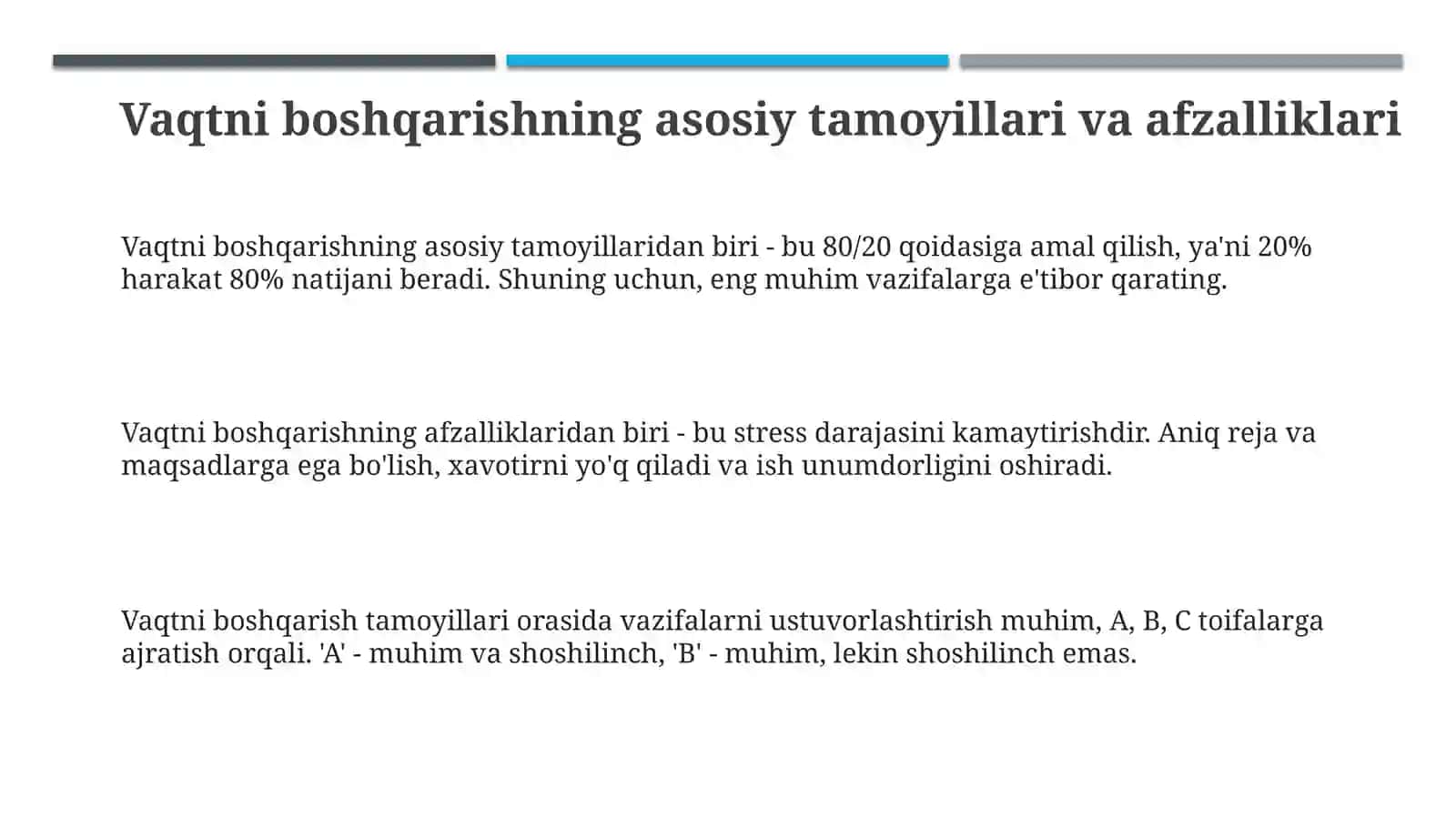 Vaqtni boshqarish (Time management) koʻnikmasi va rivojlantirish yoʻllari 3