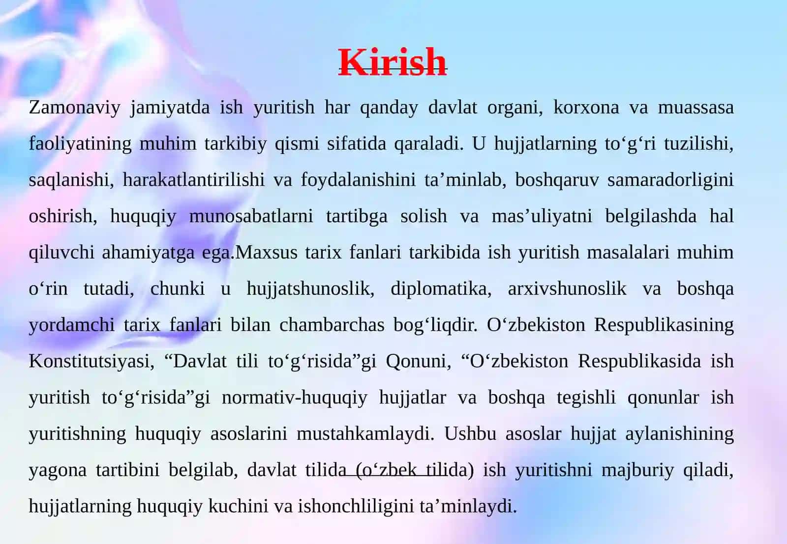 Ish yuritishning huquqiy asoslari, tili va usullariga oid tahliliy material tayyorlash 3