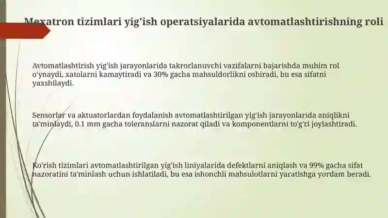 Mexatronik tizimlarini yigʻish operatsiyalarida qo‘llash 3