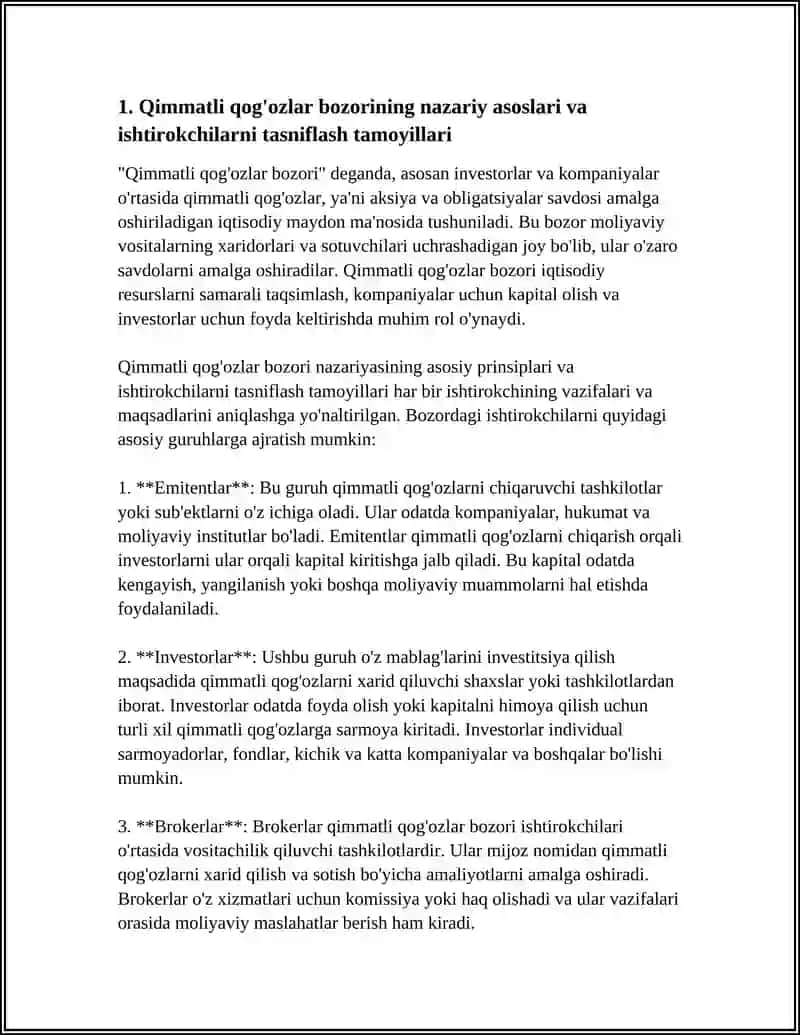 QIMMATLI QOG'OZLAR BOZORI VA UNING ISHTIROKCHILARI TASNUFINI SHAKLLANTIRISH 3