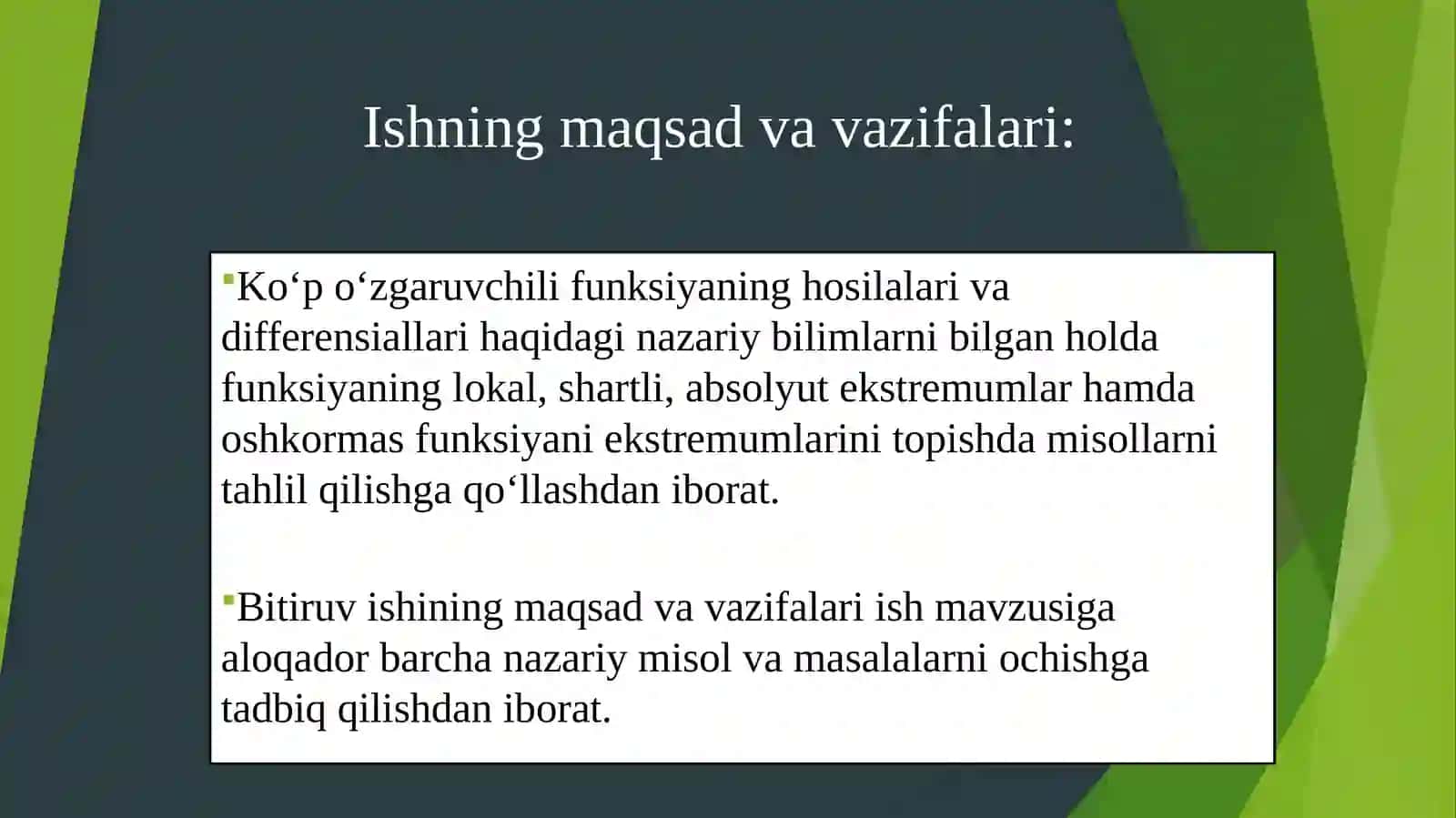 KO’P O’ZGARUVCHILI FUNKSIYANING HOSILASI VA DIFFERENSIALI HAMDA BA’ZI TADBIQLARI 3