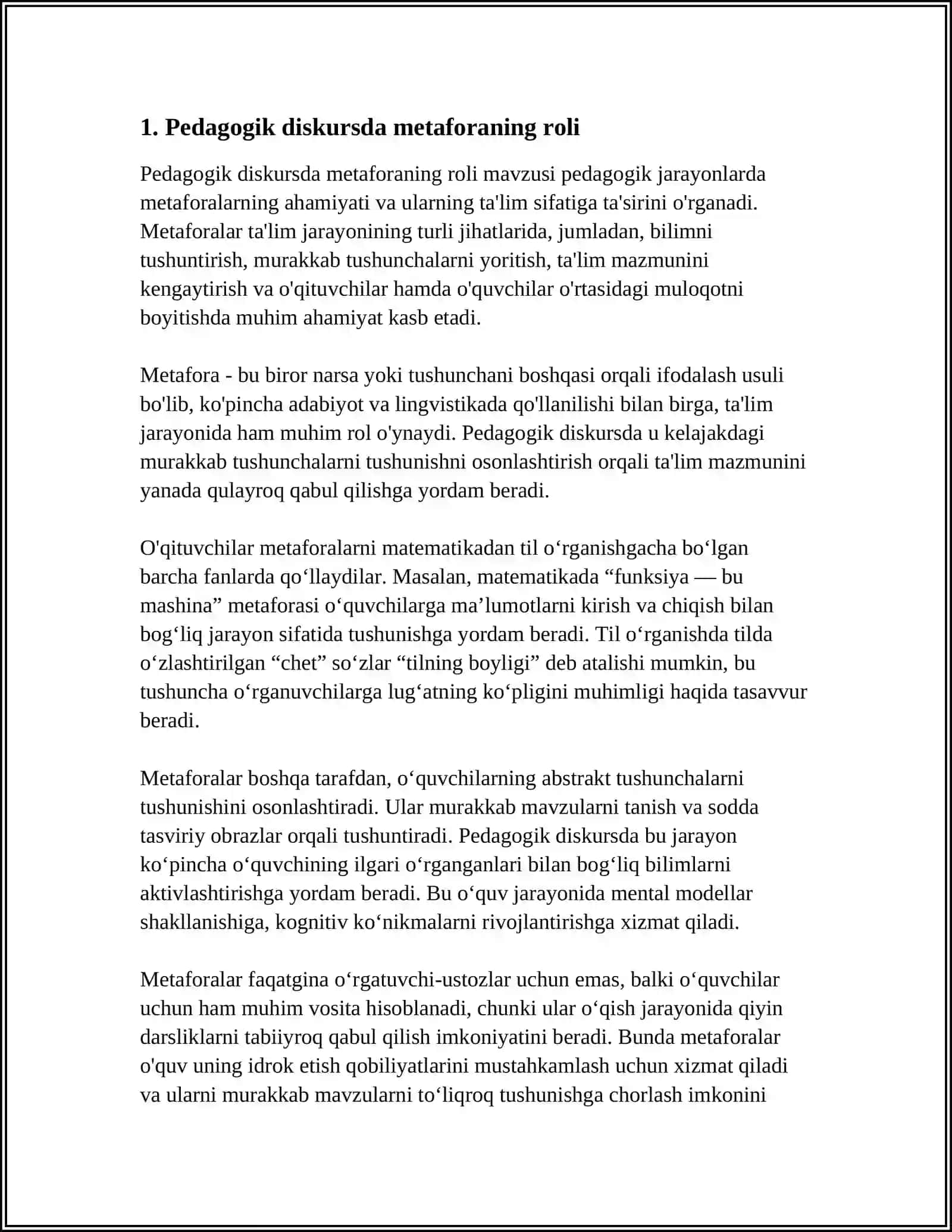 MUSTAQIL ISH Mavzu: PEDAGOGIK DISKURSDA METAFORA VA OBRAZLILIK 3