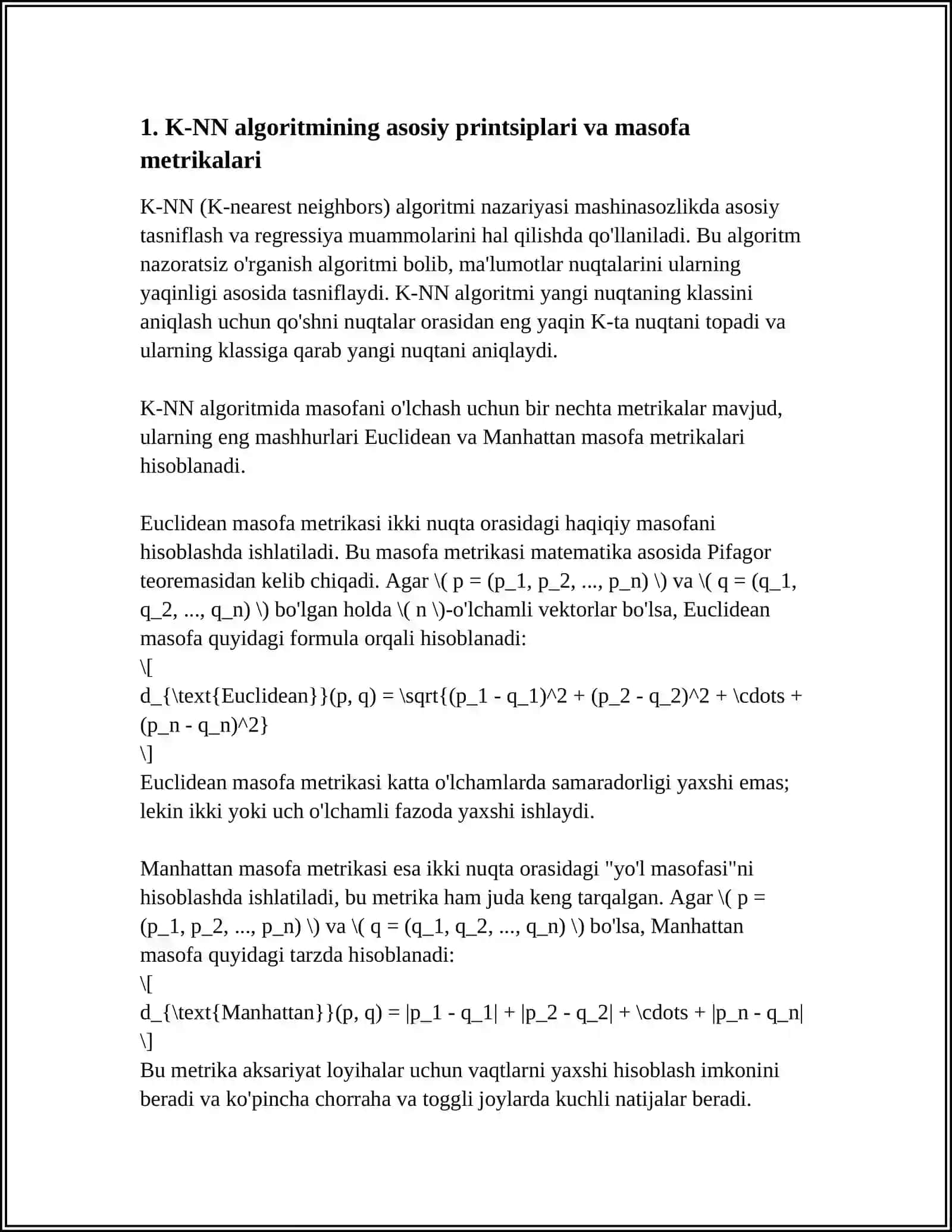 K-NN ALGORITMINING MASOFA METRIKALARI (EUCLIDEAN, MANHATTAN) 3