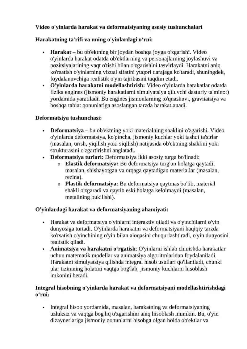 Video o'yinlarda harakat va obyektlar deformatsiyasida integral hisob tatbiqlari 3