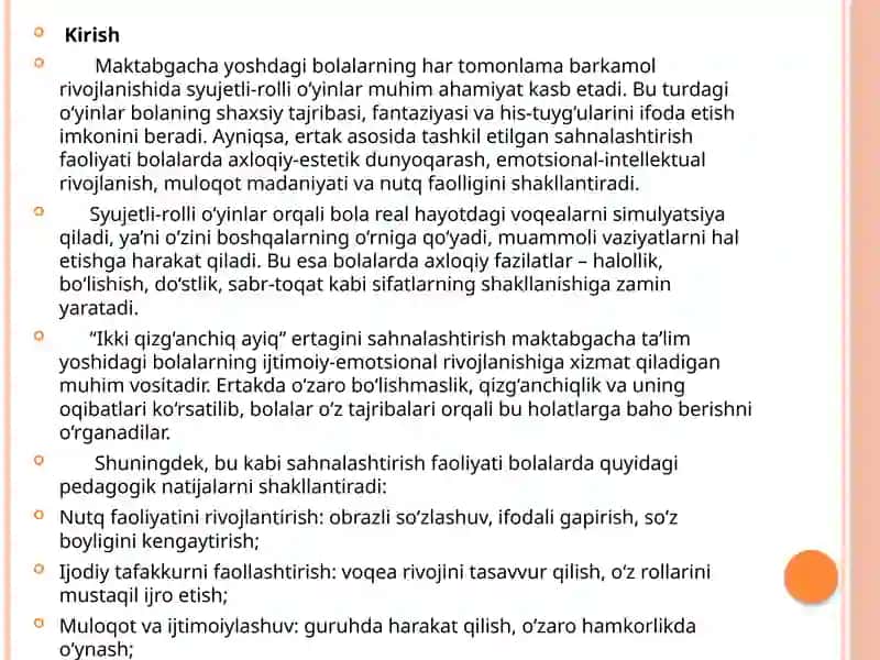"Ikki qizg'anchiq ayiq" ertagini saxnalashtirish(katta guruh) syujetli -rolli o'yinlar va saxnalashtirish 3
