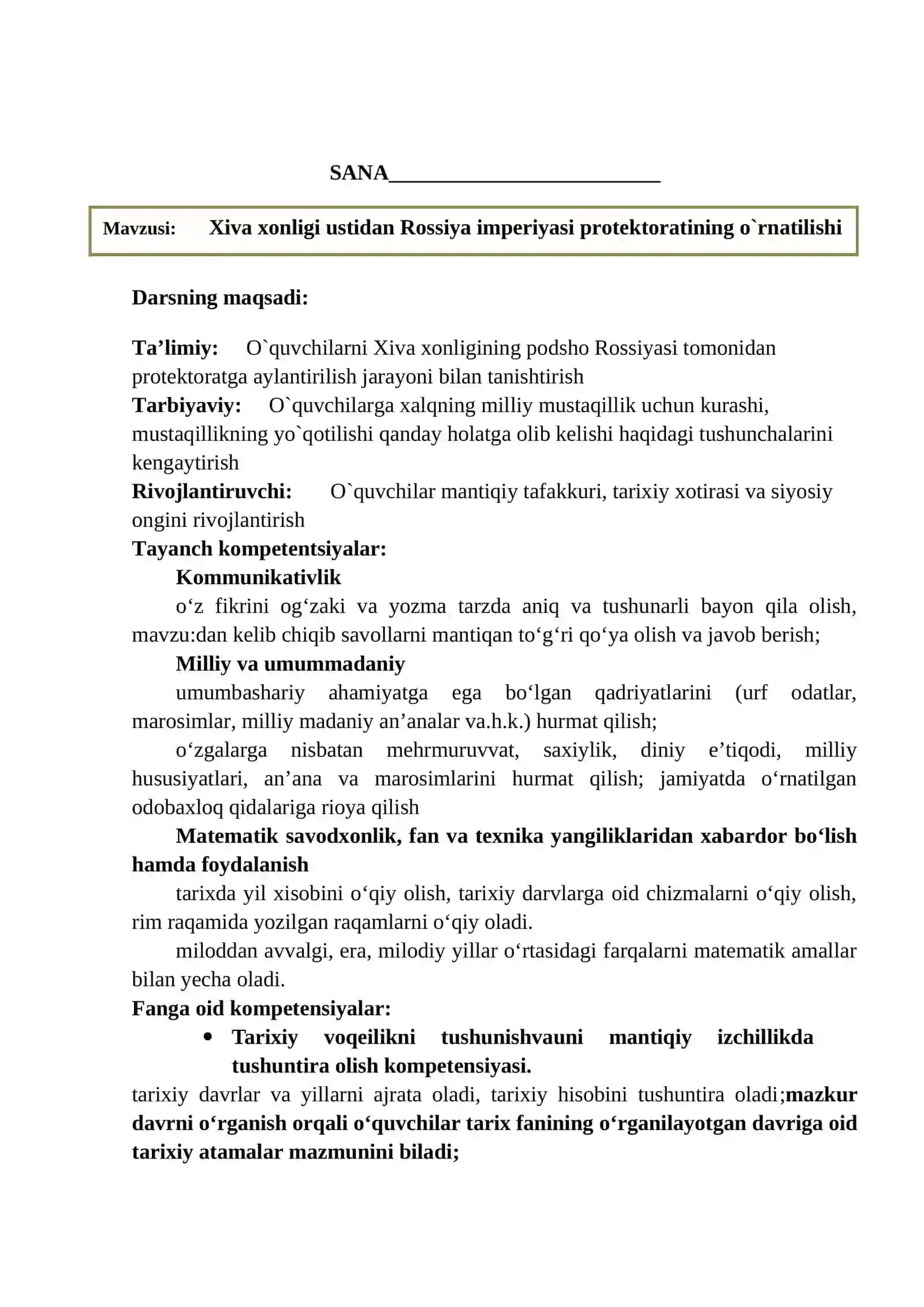 9-sinf O'zbekiston tarixi dars ishlanma. Xiva xonligi ustidan Rossiya imperiyasi protektoratining o'rnatilishidars ishlanma tar 3