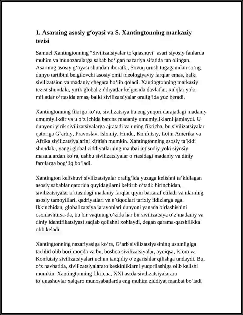 23-MUSTAQIL ISH. S. XANTINGTONNING "SIVILIZATSIYALAR TO'QNASHUVI" ASARINI O‘QISH VA MAZMUNI BO‘YICHA ESSE TAYYORLASH 3
