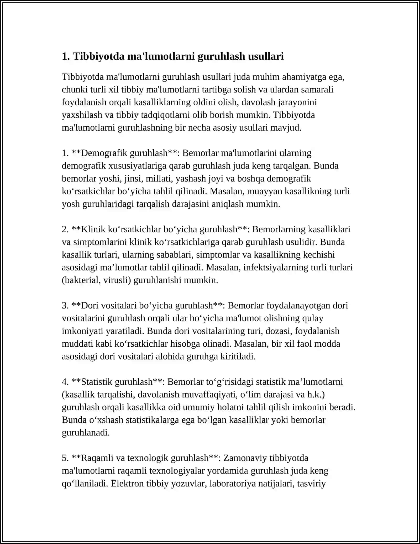 TIBBIYOT SOHASIGA OID JADVAL MA'LUMOTLARINI GURUHLASH, TARTIBLASH, SARALASH VA FILTIRLASH 3
