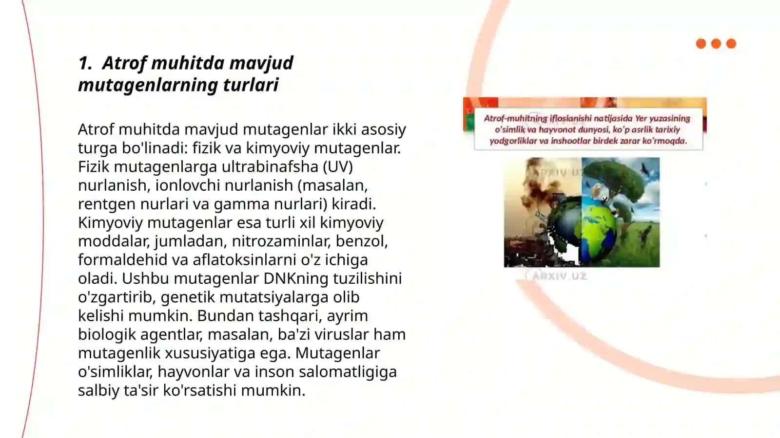 Atrof mihitning ifloslanishida muhim rol oʻynaydigan mutagen, kanserogen omillarning genetik oqibatlari 3